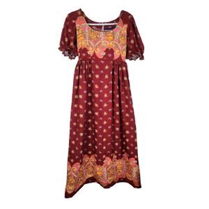 Vtg 60s 70s Storybook Maxi Dress SMALL Talon Burgundy Floral Boho Prairie Cotta